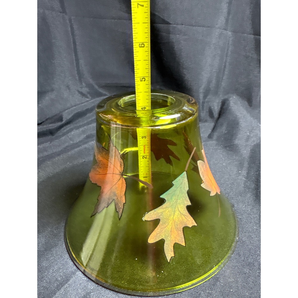 Olive Green Glass Candle Shade Hand Painted‎ Fall Autumn Leaves Jar Topper 6.5in - Picture 8 of 9